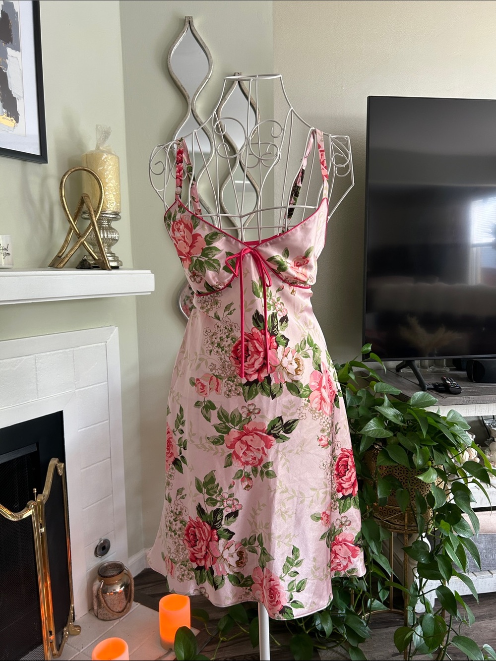 Adonna Pink Floral Satin Chemise with Rose Print - Picture 1 of 8